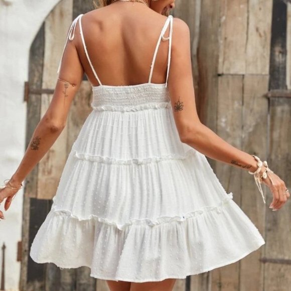 Frill Trim Swiss Dot Mini Cami Dress white Boho - Picture 2 of 6